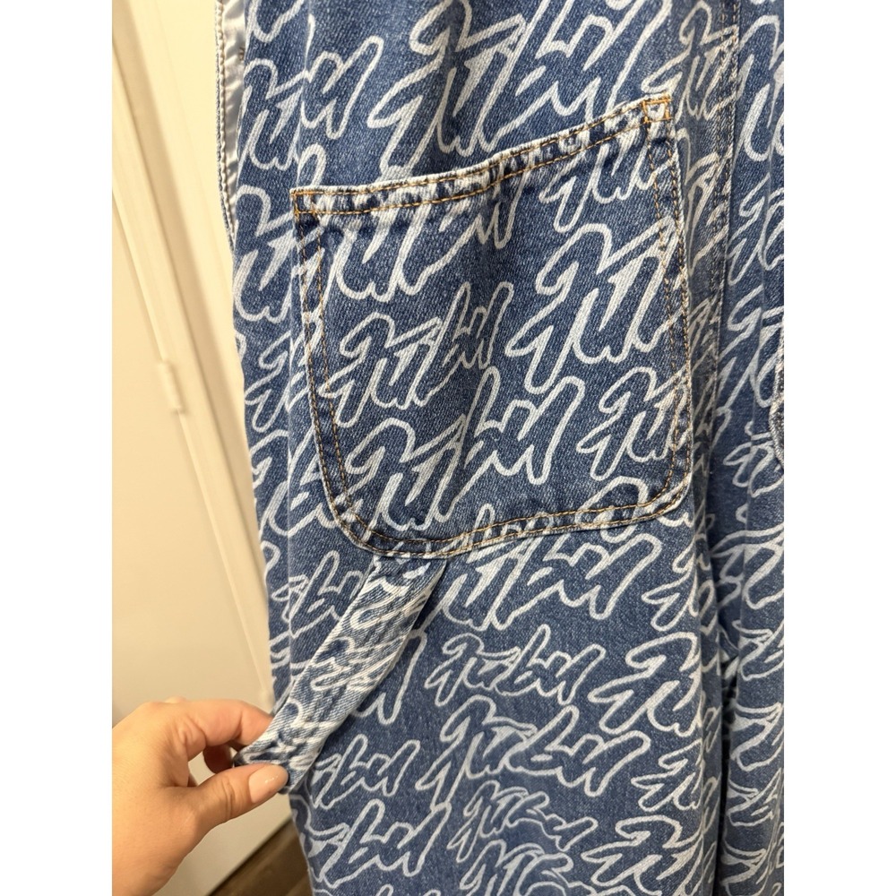 Fubu x Forever 21 Denim Overalls All Over Print 05 Orange Straps Y2K Women Sz S - Picture 7 of 16
